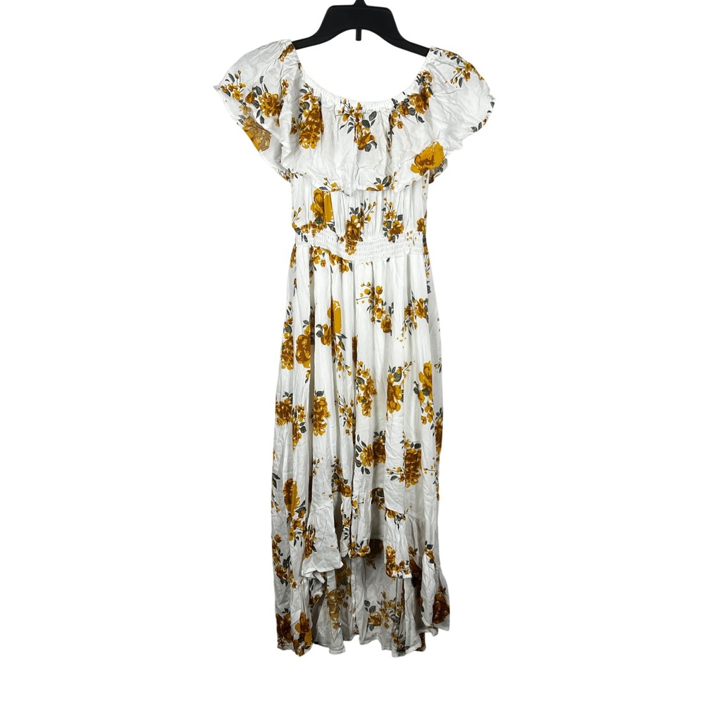 New Look Dress Women Small White Floral Smock Waist Maxi Hi Low Off The Shoulder